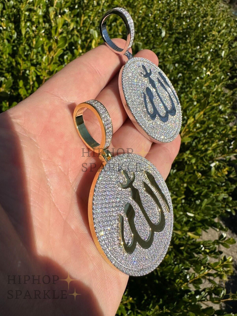 Moissanite Iced Out Allah Medallion Arabic Pendant - 14k Gold Vermeil & 925 Silver