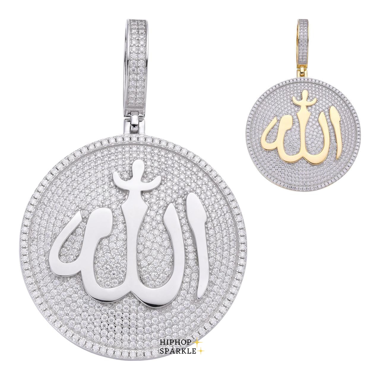 Moissanite Iced Out Allah Medallion Arabic Pendant - 14k Gold Vermeil & 925 Silver