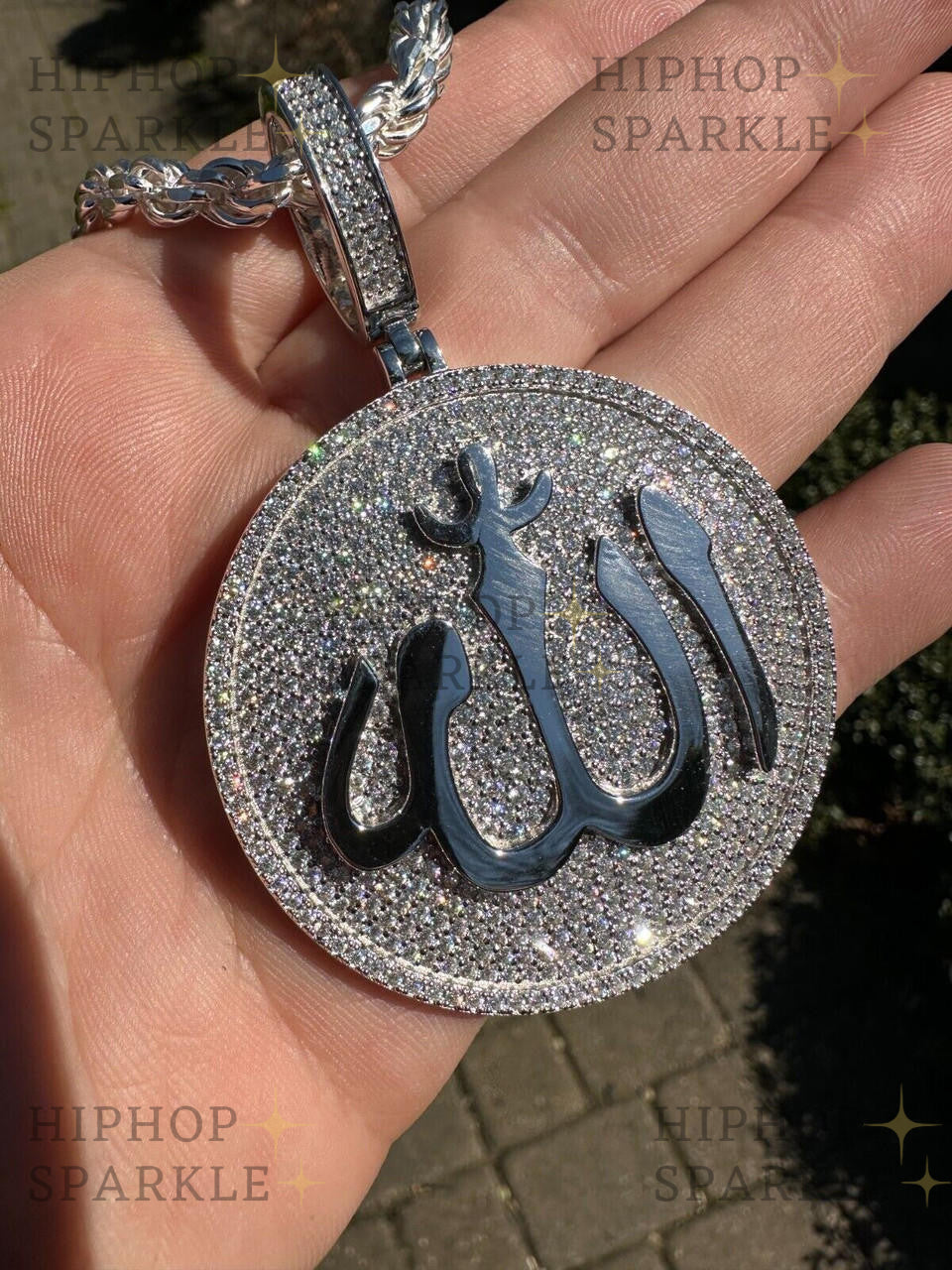 Moissanite Iced Out Allah Medallion Arabic Pendant - 14k Gold Vermeil & 925 Silver