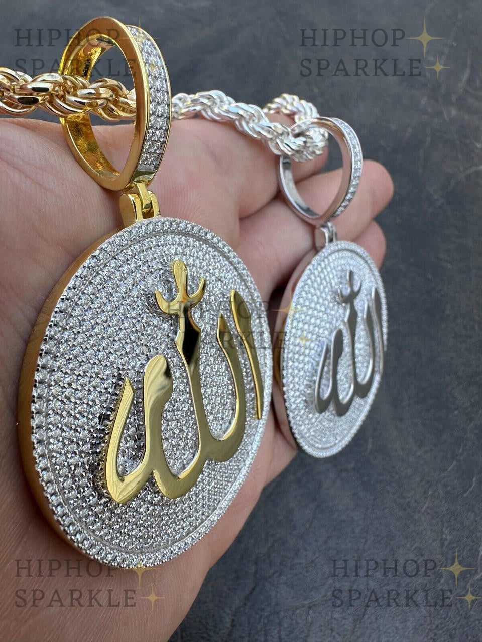 Moissanite Iced Out Allah Medallion Arabic Pendant - 14k Gold Vermeil & 925 Silver