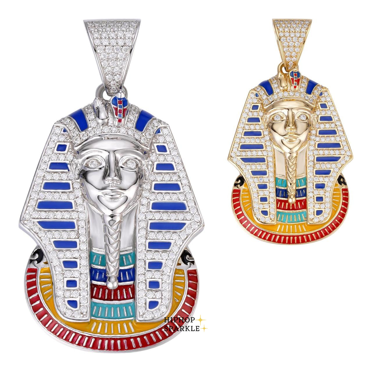 Moissanite King Tut Egyptian Pharaoh with Enamel Pendant - 14k Gold Vermeil & 925 Silver