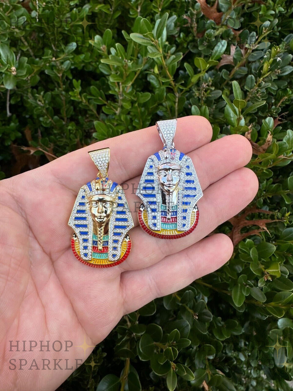 Moissanite King Tut Egyptian Pharaoh with Enamel Pendant - 14k Gold Vermeil & 925 Silver