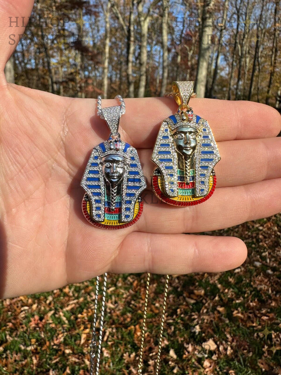 Moissanite King Tut Egyptian Pharaoh with Enamel Pendant - 14k Gold Vermeil & 925 Silver