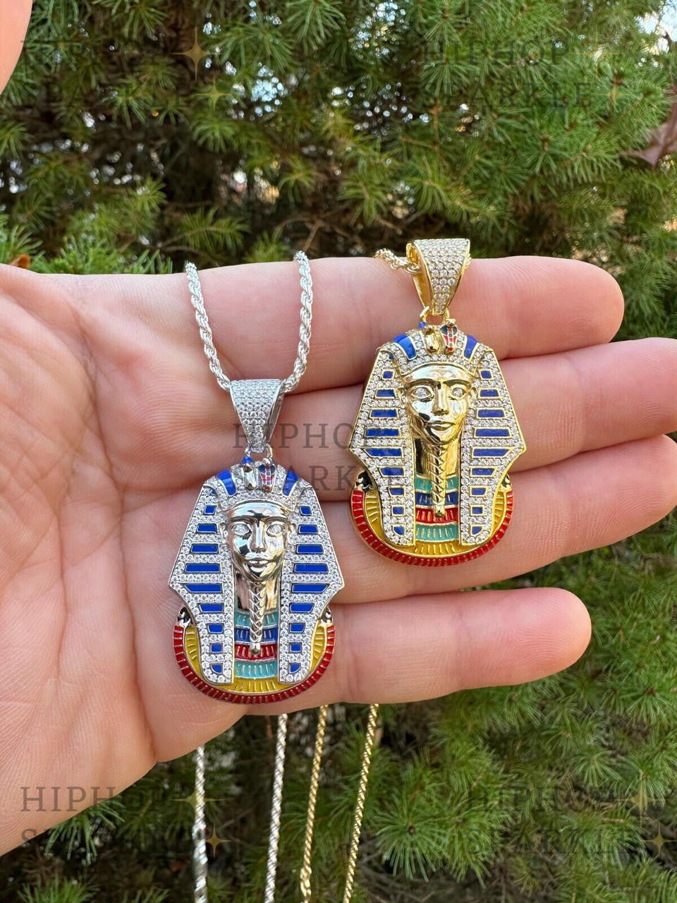 Moissanite King Tut Egyptian Pharaoh with Enamel Pendant - 14k Gold Vermeil & 925 Silver