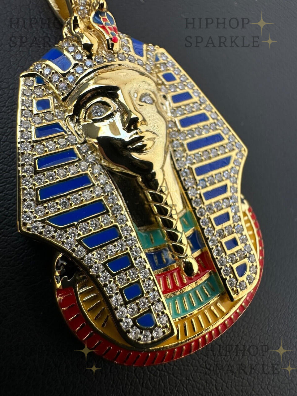 Moissanite King Tut Egyptian Pharaoh with Enamel Pendant - 14k Gold Vermeil & 925 Silver