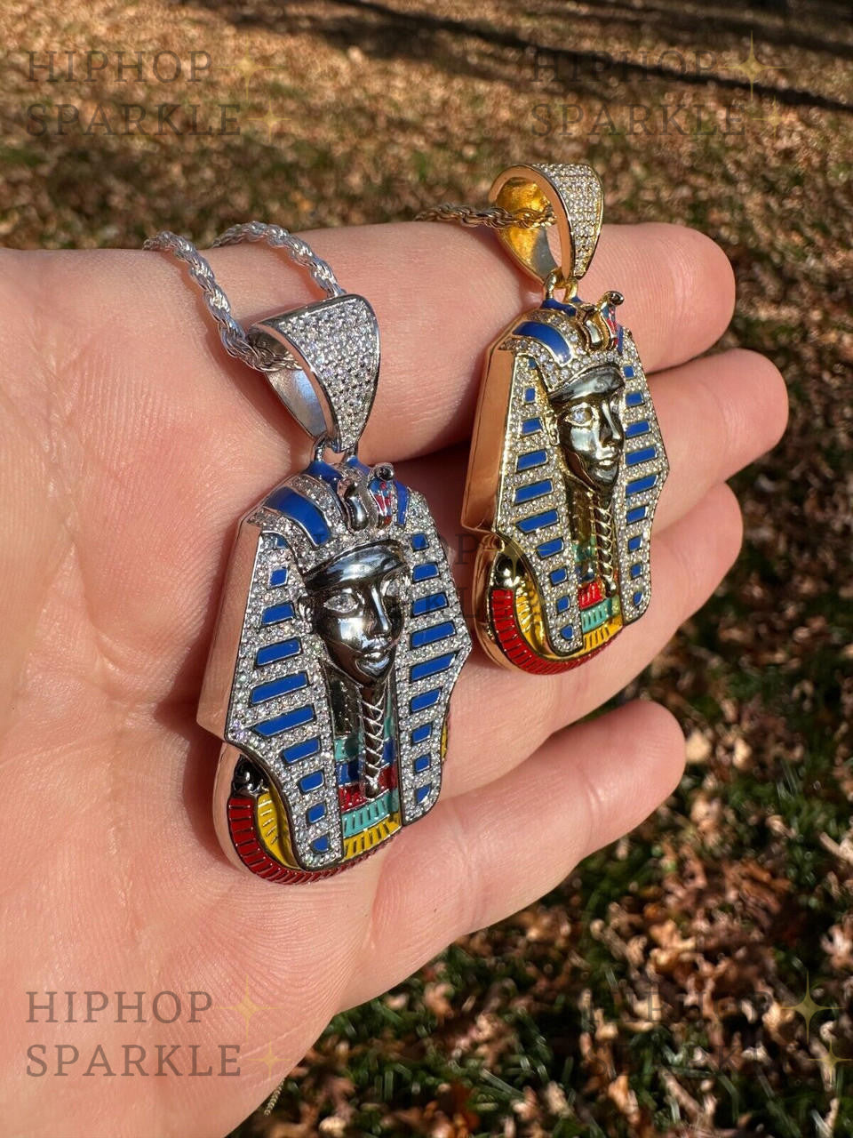 Moissanite King Tut Egyptian Pharaoh with Enamel Pendant - 14k Gold Vermeil & 925 Silver