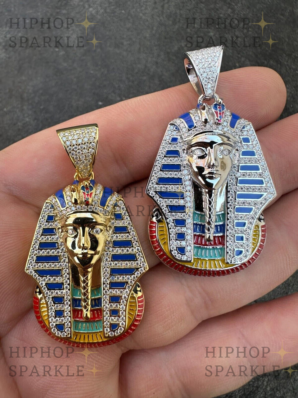 Moissanite King Tut Egyptian Pharaoh with Enamel Pendant - 14k Gold Vermeil & 925 Silver