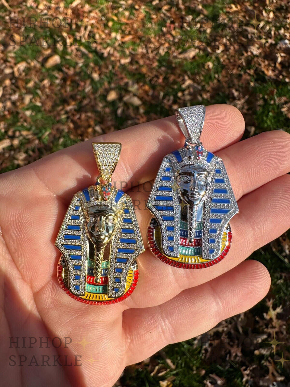 Moissanite King Tut Egyptian Pharaoh with Enamel Pendant - 14k Gold Vermeil & 925 Silver