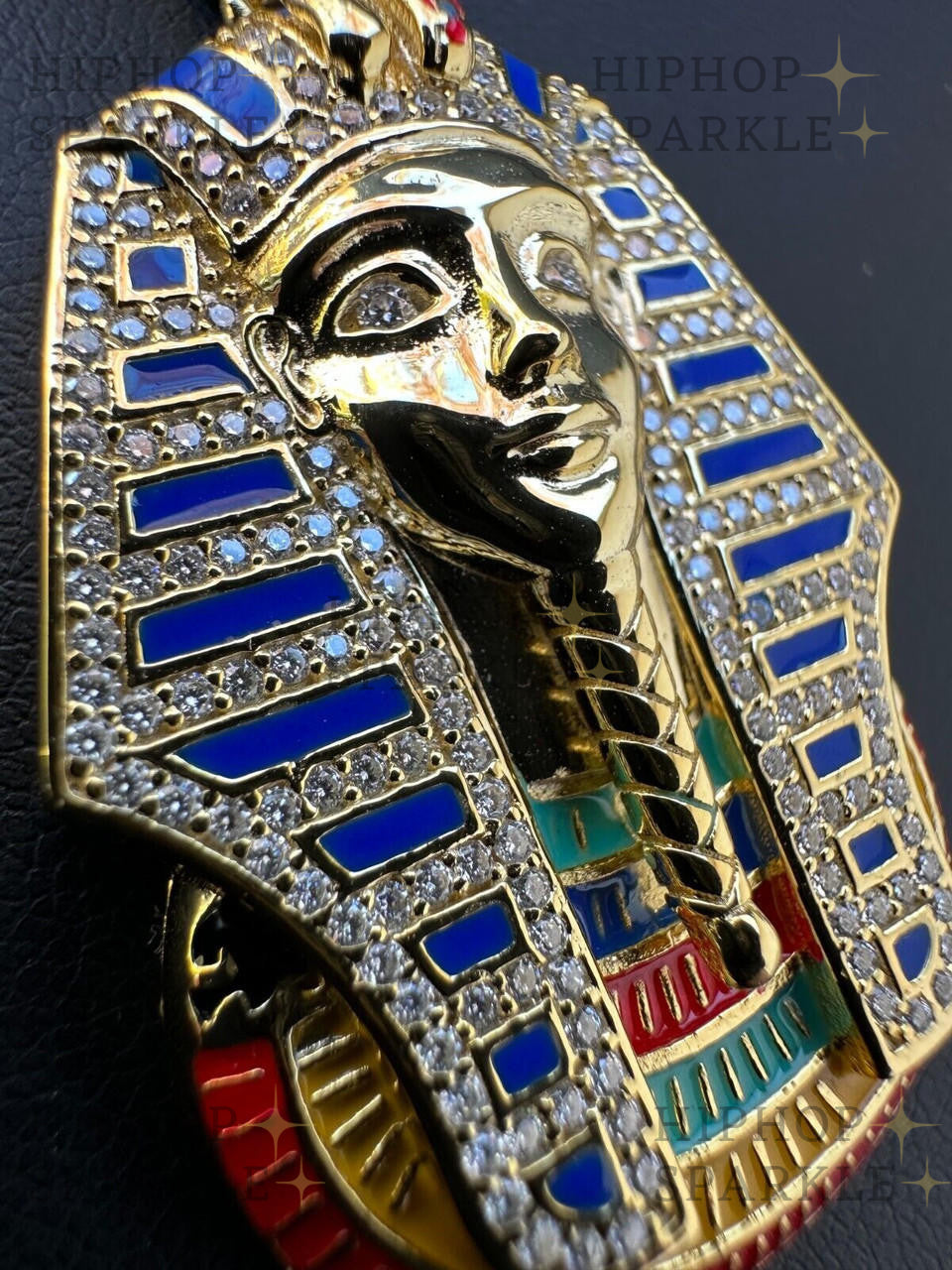 Moissanite King Tut Egyptian Pharaoh with Enamel Pendant - 14k Gold Vermeil & 925 Silver