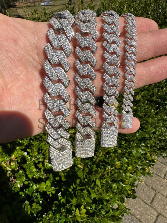 Moissanite Real Miami Cuban Link Prong Chain Iced Hip Hop 925 Silver Necklace