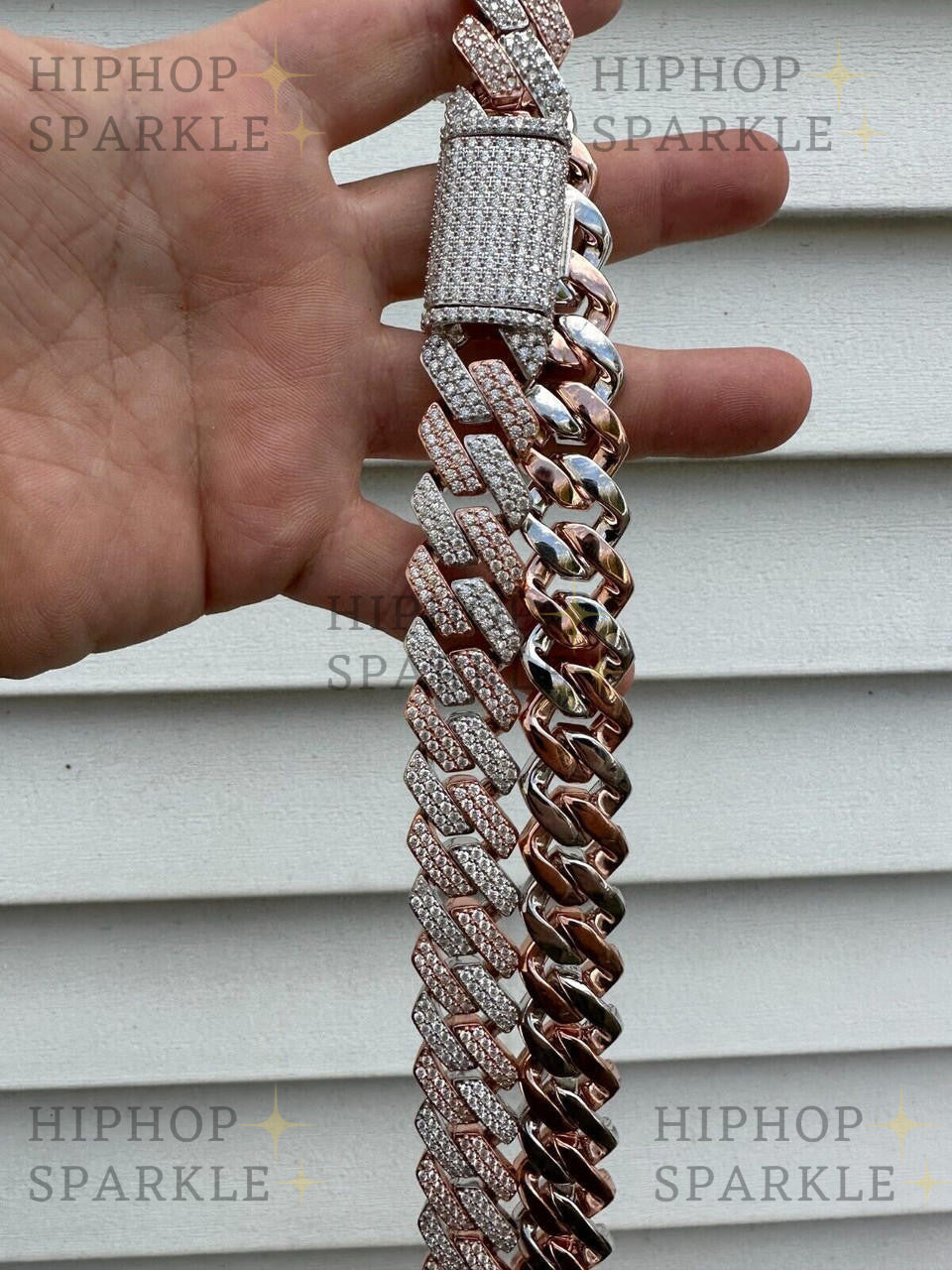 Moissanite Real Miami Cuban Link Prong Chain Iced Rose Gold & 925 Silver Necklace