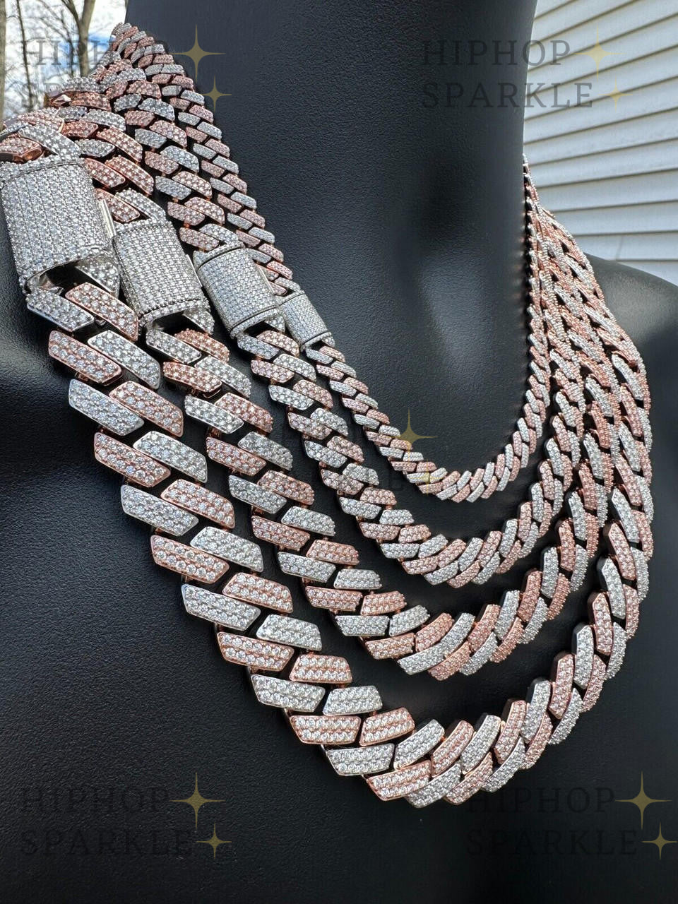 Moissanite Real Miami Cuban Link Prong Chain Iced Rose Gold & 925 Silver Necklace