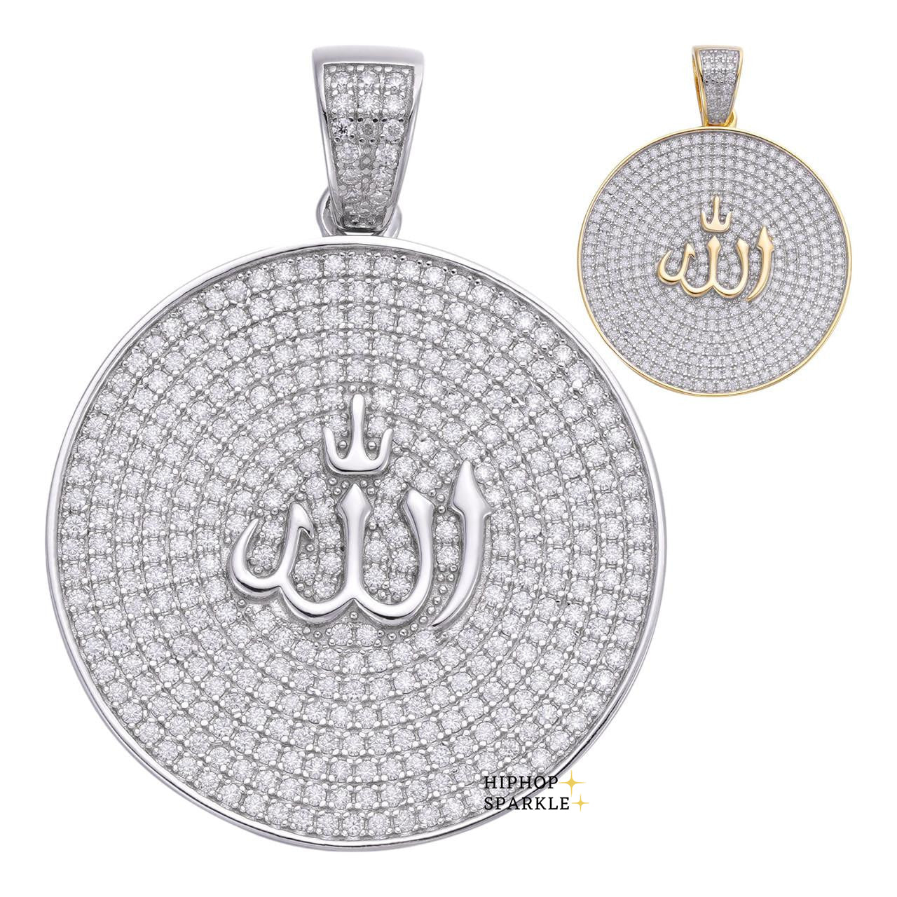 Moissanite Allah Medallion Islamic Pendant - 14k Gold Vermeil or 925 Silver