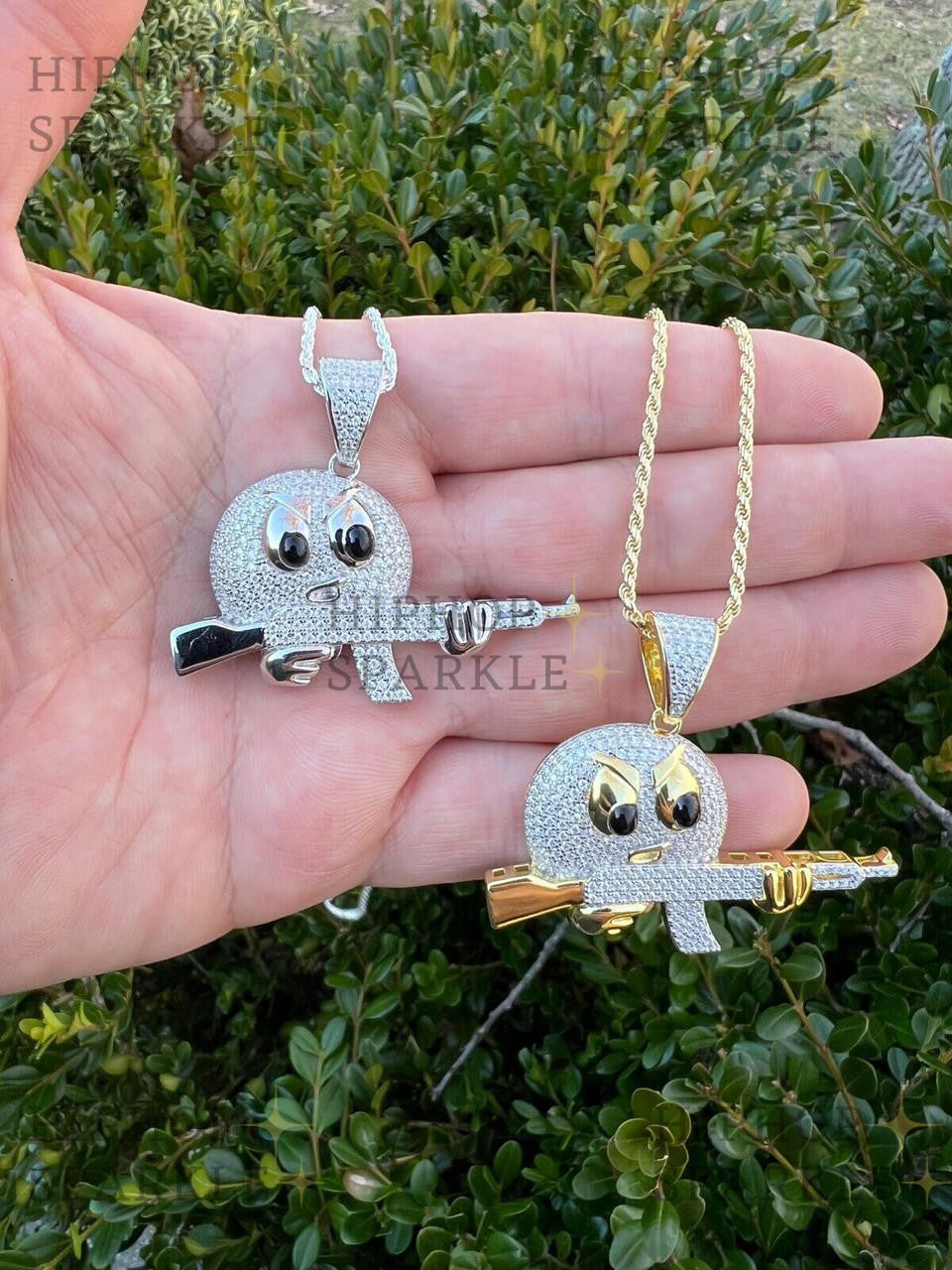 Moissanite Angry Emoji with AK47 Gun Pendant - 14k Gold Vermeil & 925 Silver