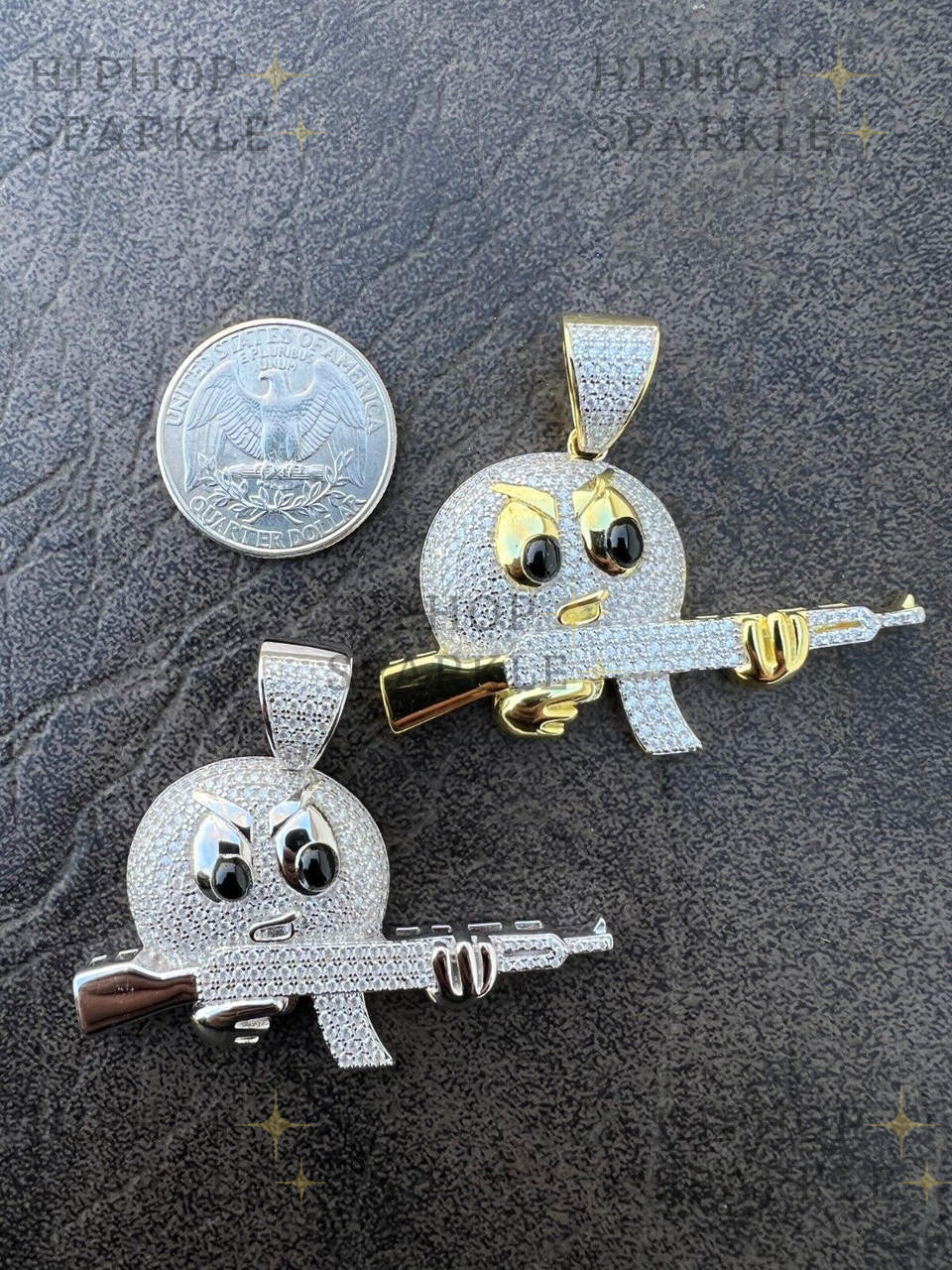 Moissanite Angry Emoji with AK47 Gun Pendant - 14k Gold Vermeil & 925 Silver