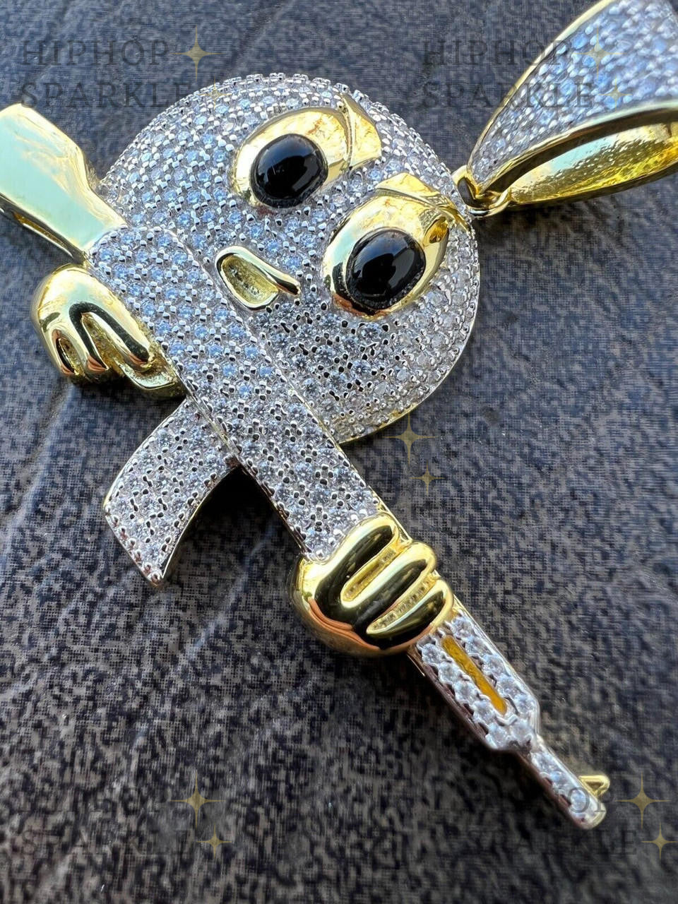 Moissanite Angry Emoji with AK47 Gun Pendant - 14k Gold Vermeil & 925 Silver