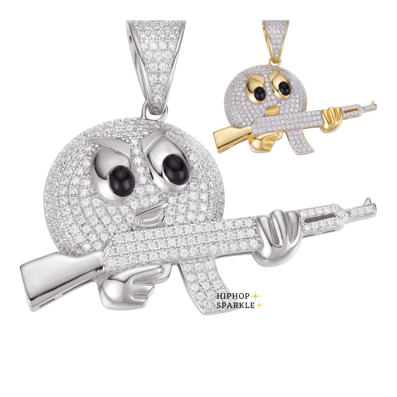 Moissanite Angry Emoji with AK47 Gun Pendant - 14k Gold Vermeil & 925 Silver