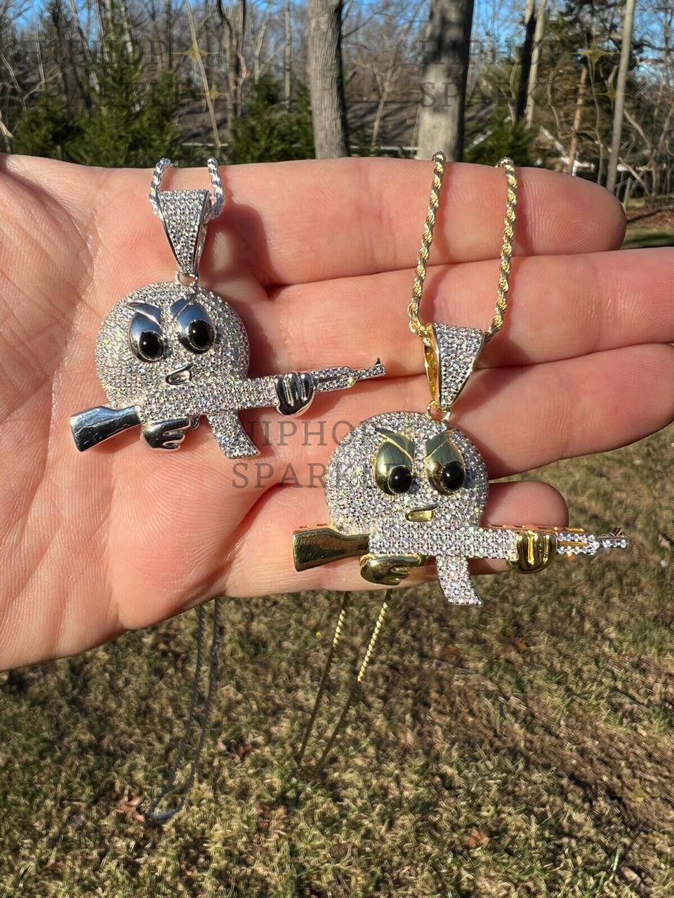 Moissanite Angry Emoji with AK47 Gun Pendant - 14k Gold Vermeil & 925 Silver