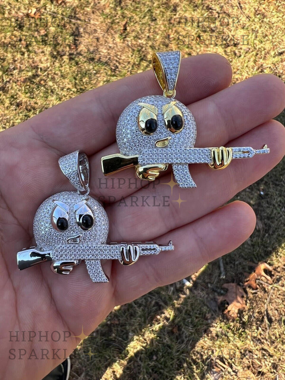 Moissanite Angry Emoji with AK47 Gun Pendant - 14k Gold Vermeil & 925 Silver