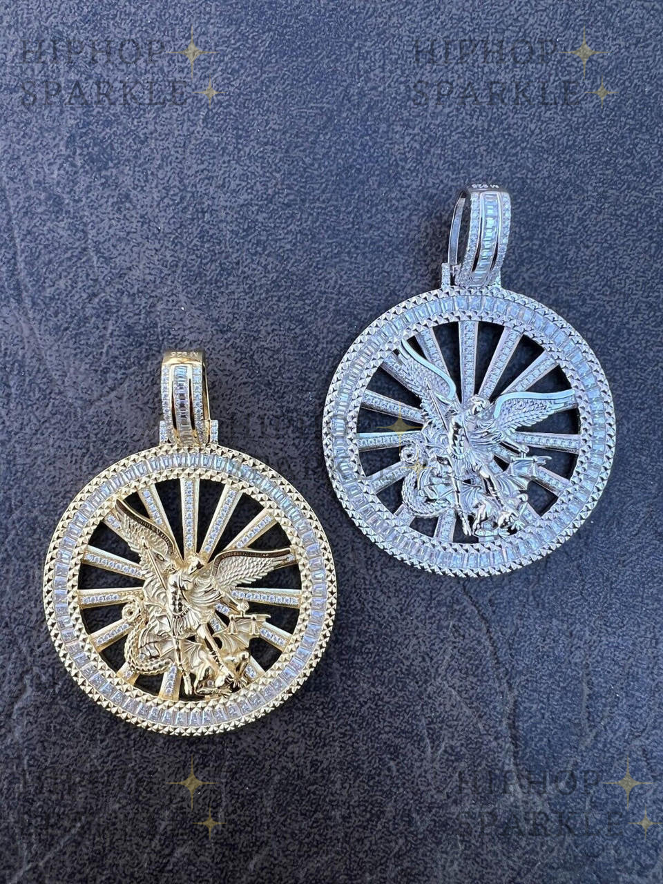 Moissanite Michael Archangel Iced Baguette Medallion Pendant - 14k Yellow Gold Vermeil & 925 Silver