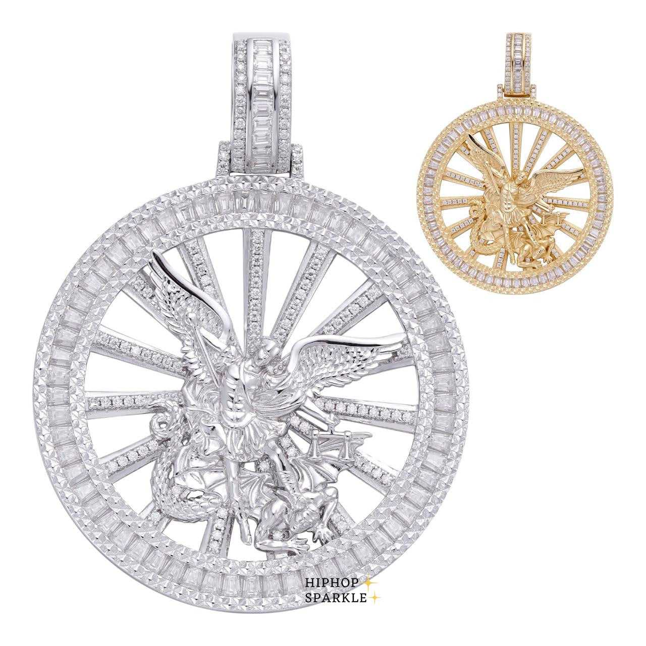 Moissanite Michael Archangel Iced Baguette Medallion Pendant - 14k Yellow Gold Vermeil & 925 Silver