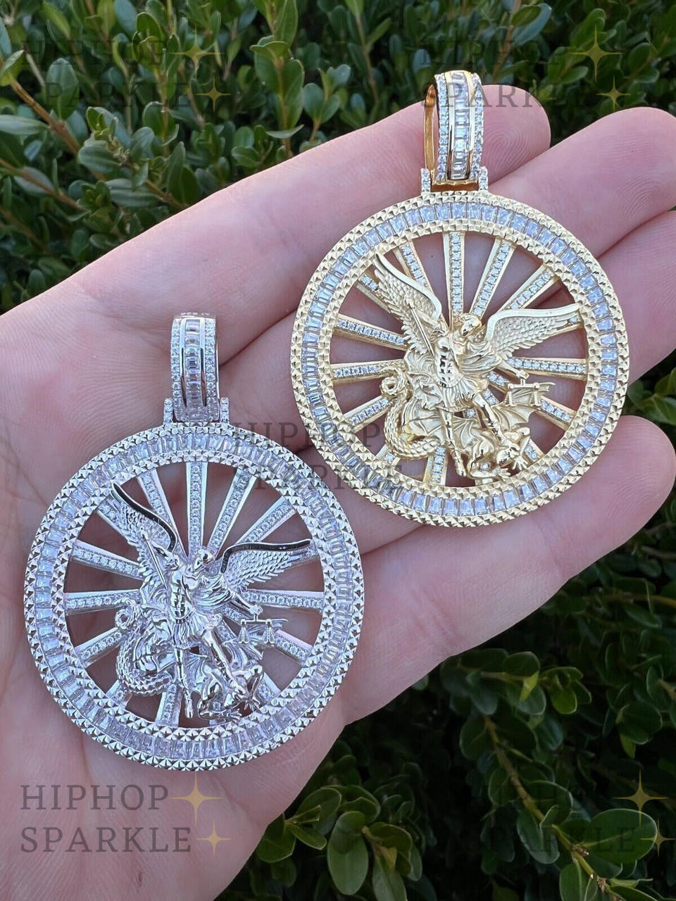 Moissanite Michael Archangel Iced Baguette Medallion Pendant - 14k Yellow Gold Vermeil & 925 Silver