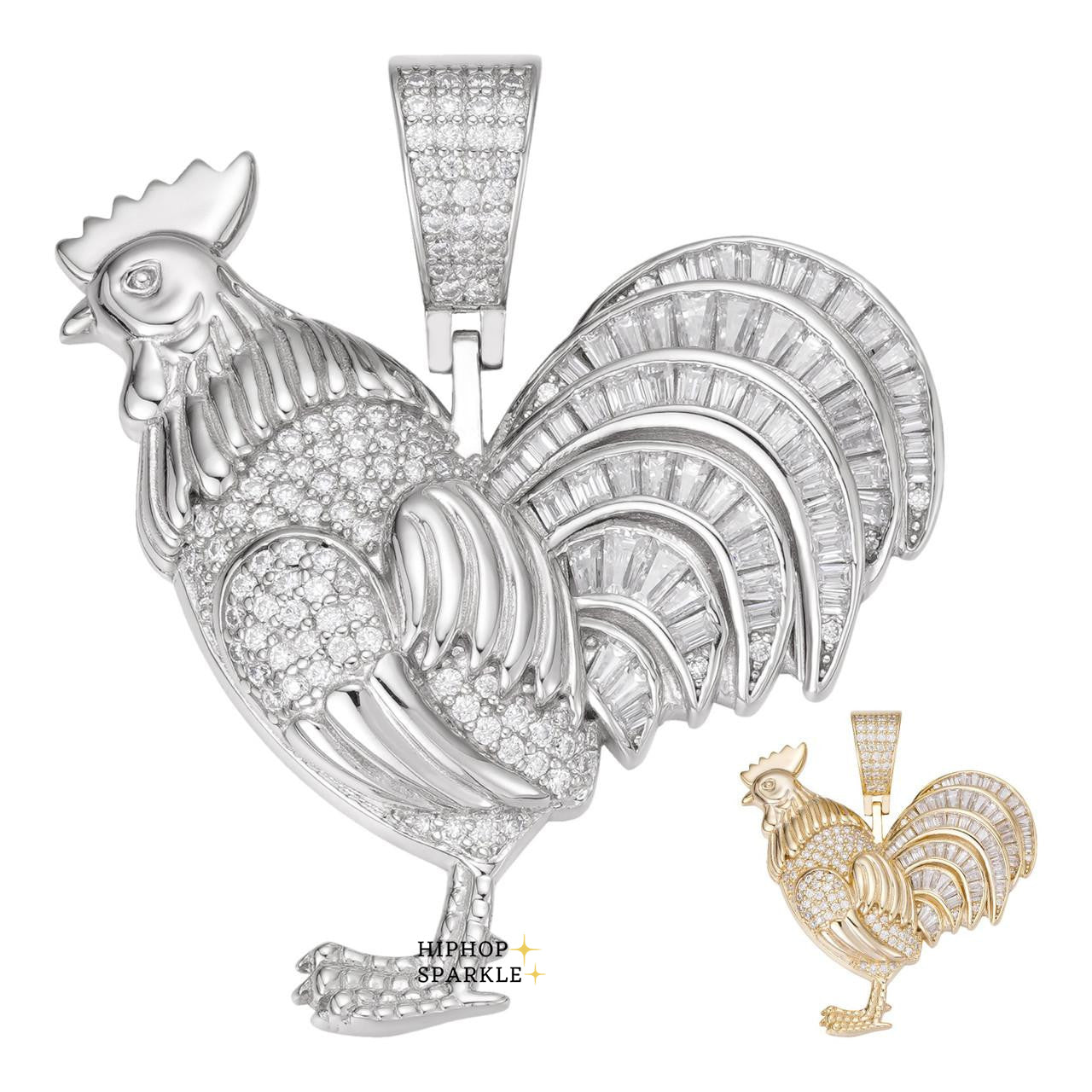 Moissanite Rooster Gallo Iced Out Pendant - 14k Gold Vermeil & 925 Silver