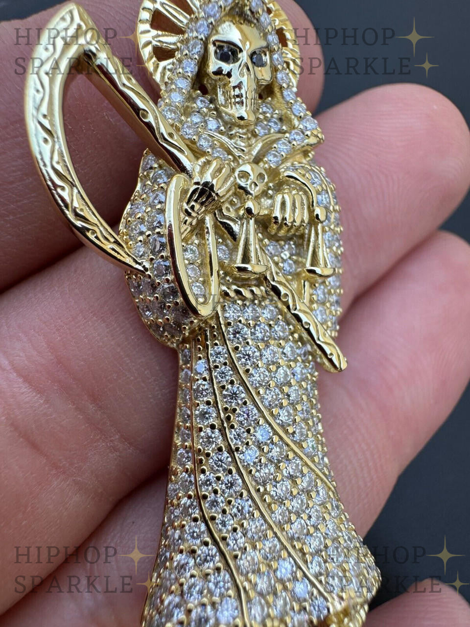 Moissanite Santa Muerte Grim Reaper Iced Out Pendant - 14k Gold Vermeil & 925 Silver