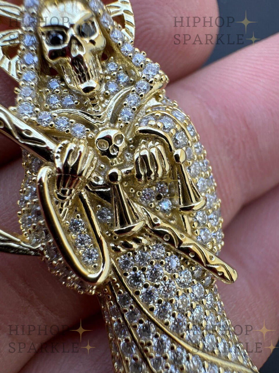 Moissanite Santa Muerte Grim Reaper Iced Out Pendant - 14k Gold Vermeil & 925 Silver