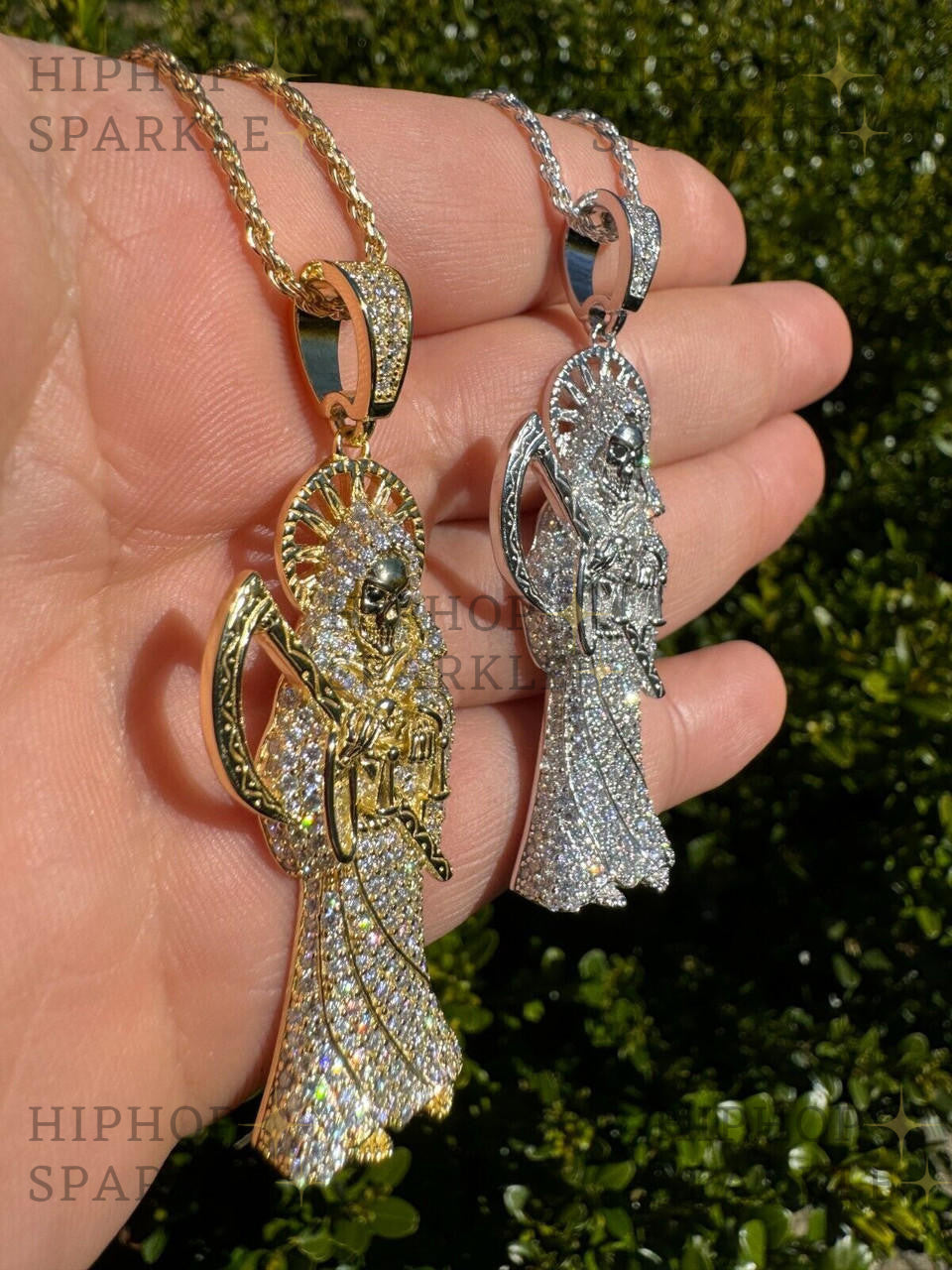 Moissanite Santa Muerte Grim Reaper Iced Out Pendant - 14k Gold Vermeil & 925 Silver