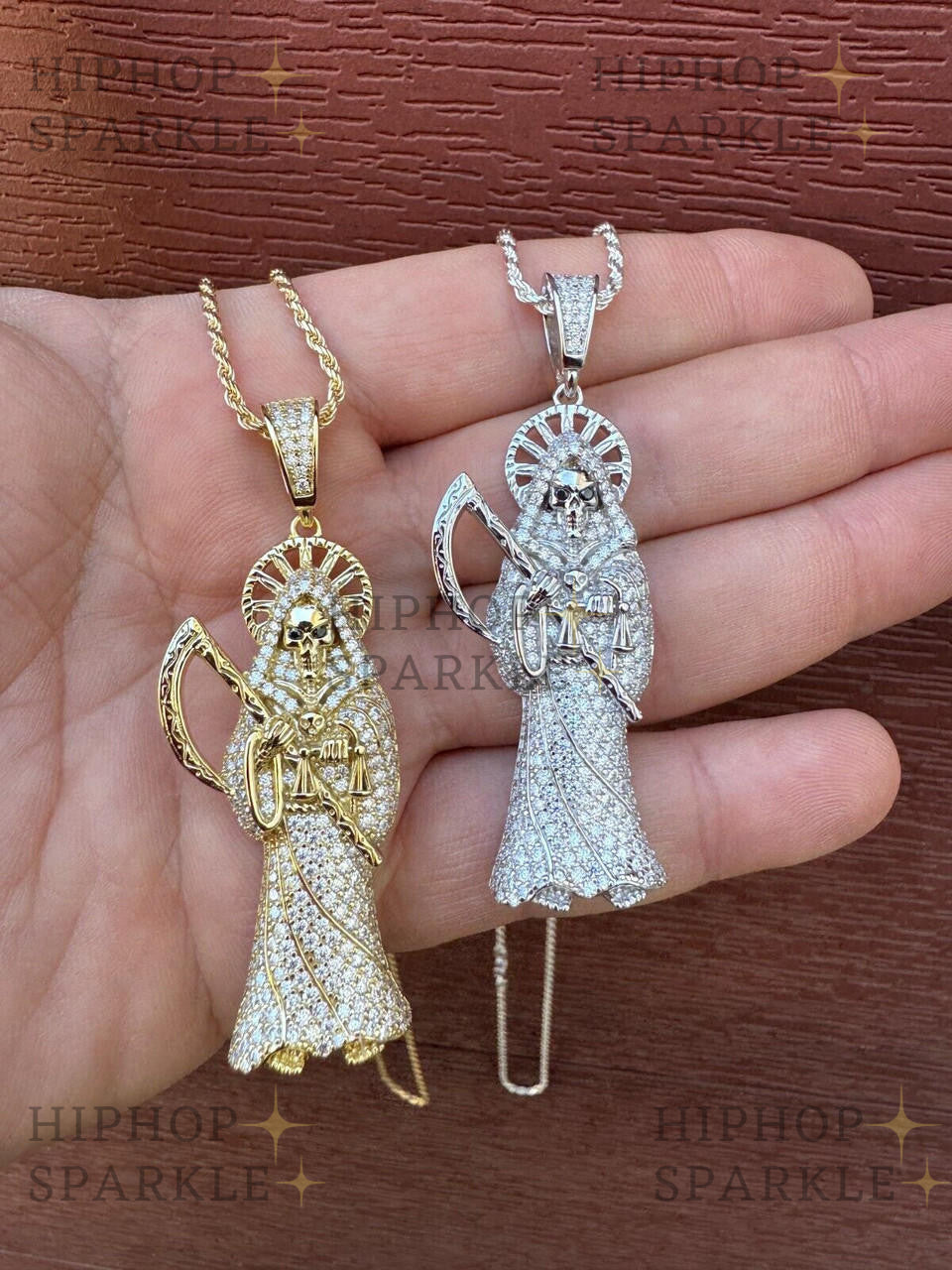 Moissanite Santa Muerte Grim Reaper Iced Out Pendant - 14k Gold Vermeil & 925 Silver