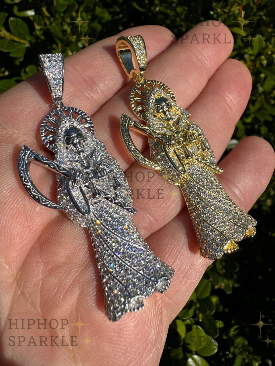 Moissanite Santa Muerte Grim Reaper Iced Out Pendant - 14k Gold Vermeil & 925 Silver