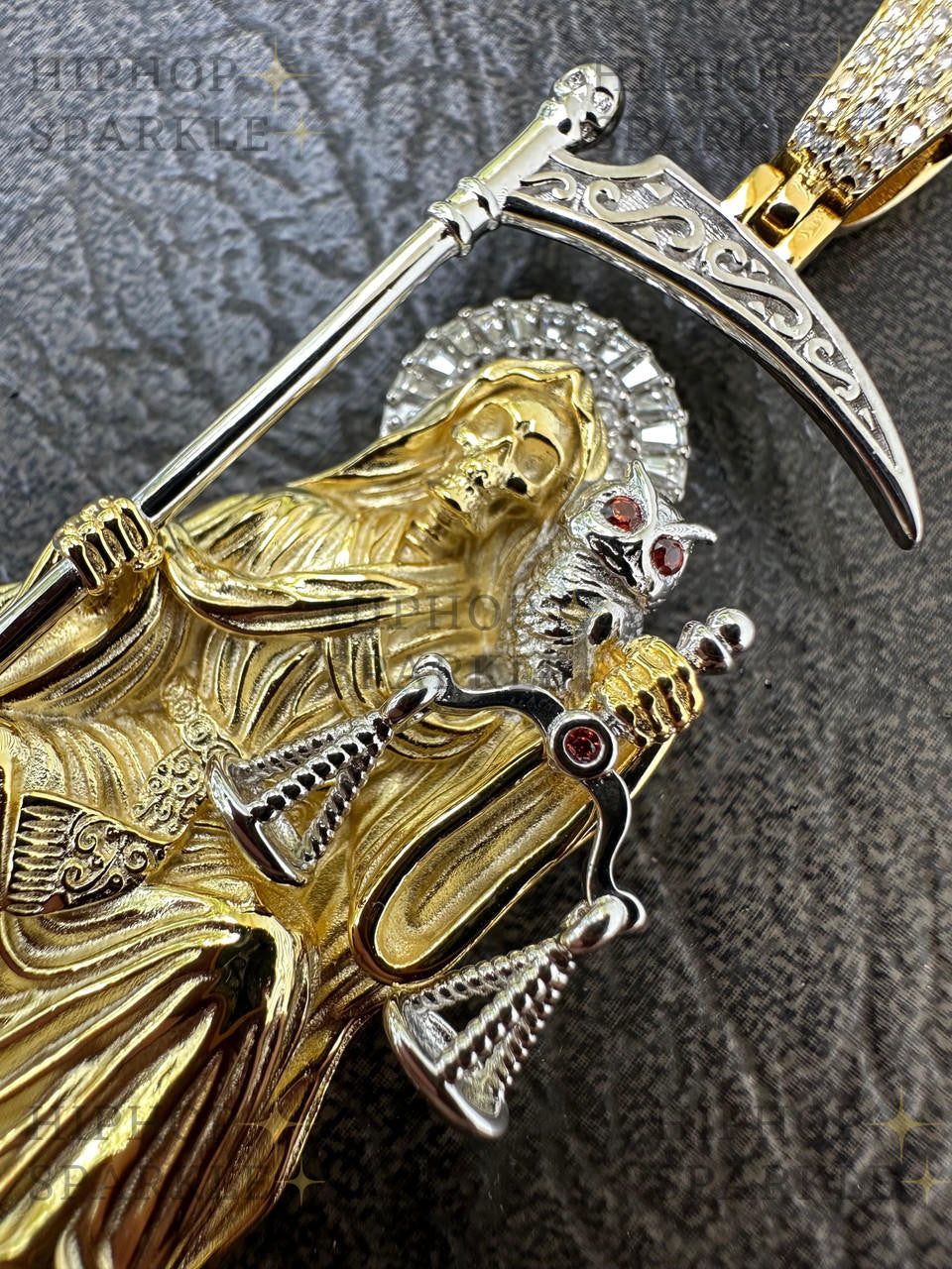 Moissanite Santa Muerte Grim Reaper Pendant - 14k Yellow/Rose Gold Vermeil or 925 Silver