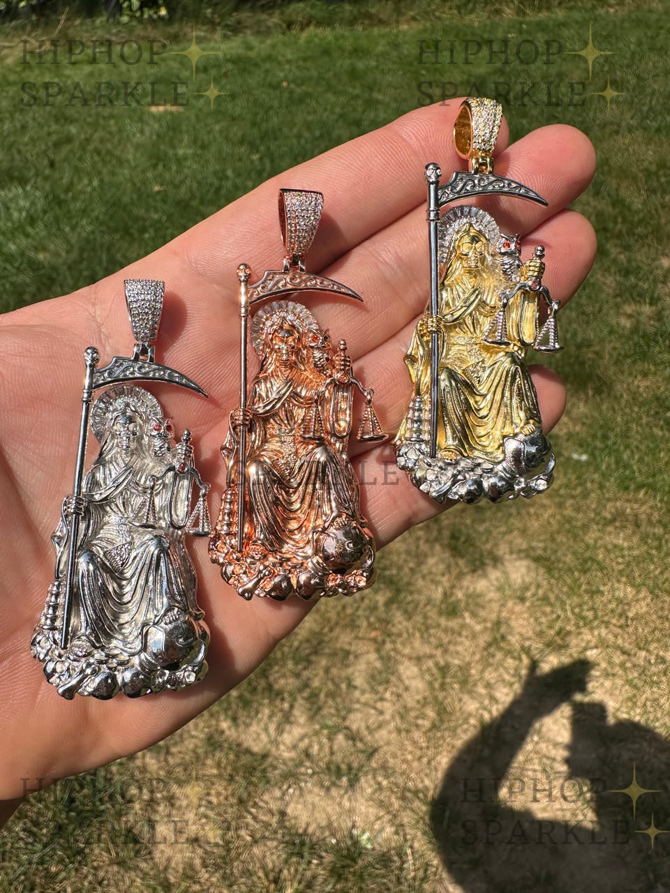 Moissanite Santa Muerte Grim Reaper Pendant - 14k Yellow/Rose Gold Vermeil or 925 Silver