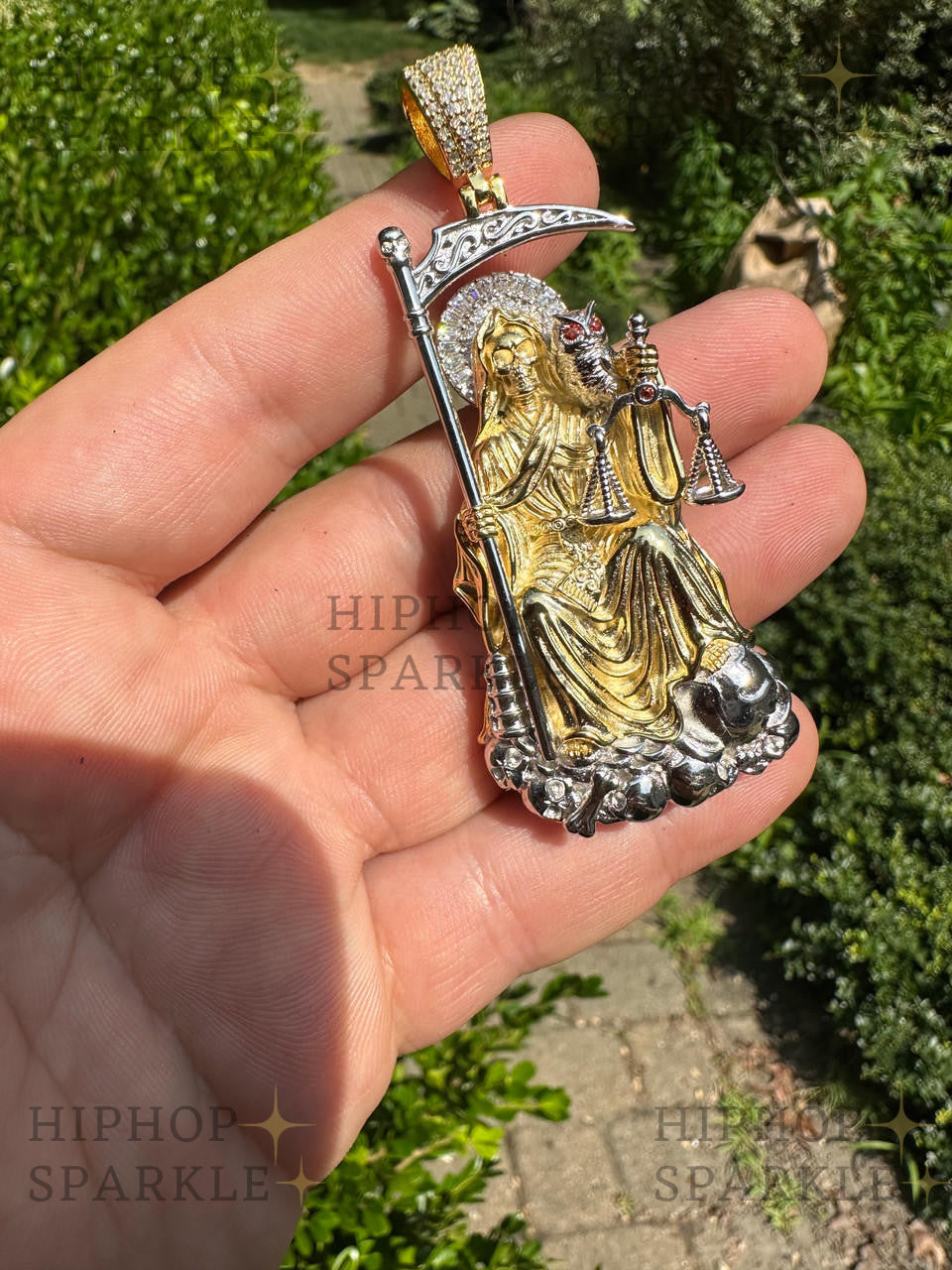 Moissanite Santa Muerte Grim Reaper Pendant - 14k Yellow/Rose Gold Vermeil or 925 Silver