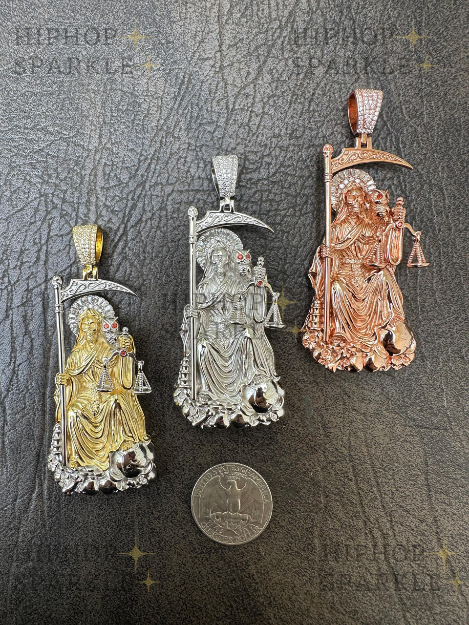 Moissanite Santa Muerte Grim Reaper Pendant - 14k Yellow/Rose Gold Vermeil or 925 Silver