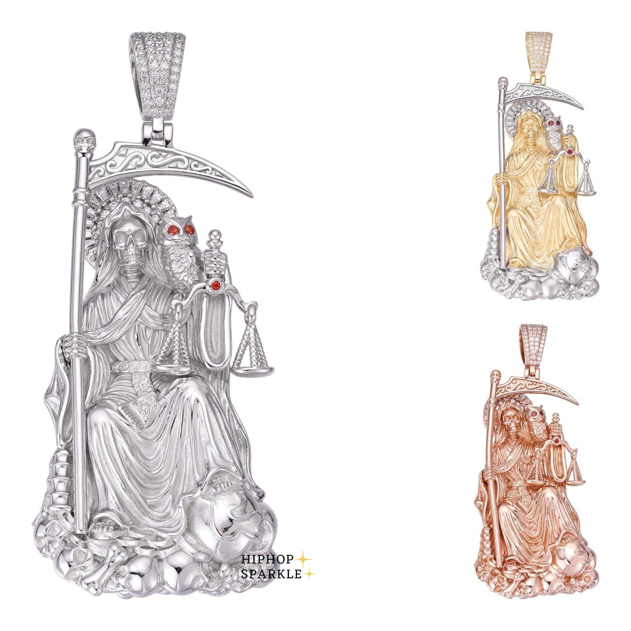 Moissanite Santa Muerte Grim Reaper Pendant - 14k Yellow/Rose Gold Vermeil or 925 Silver