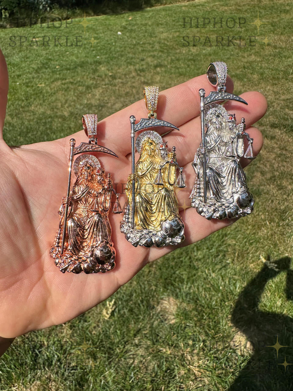 Moissanite Santa Muerte Grim Reaper Pendant - 14k Yellow/Rose Gold Vermeil or 925 Silver