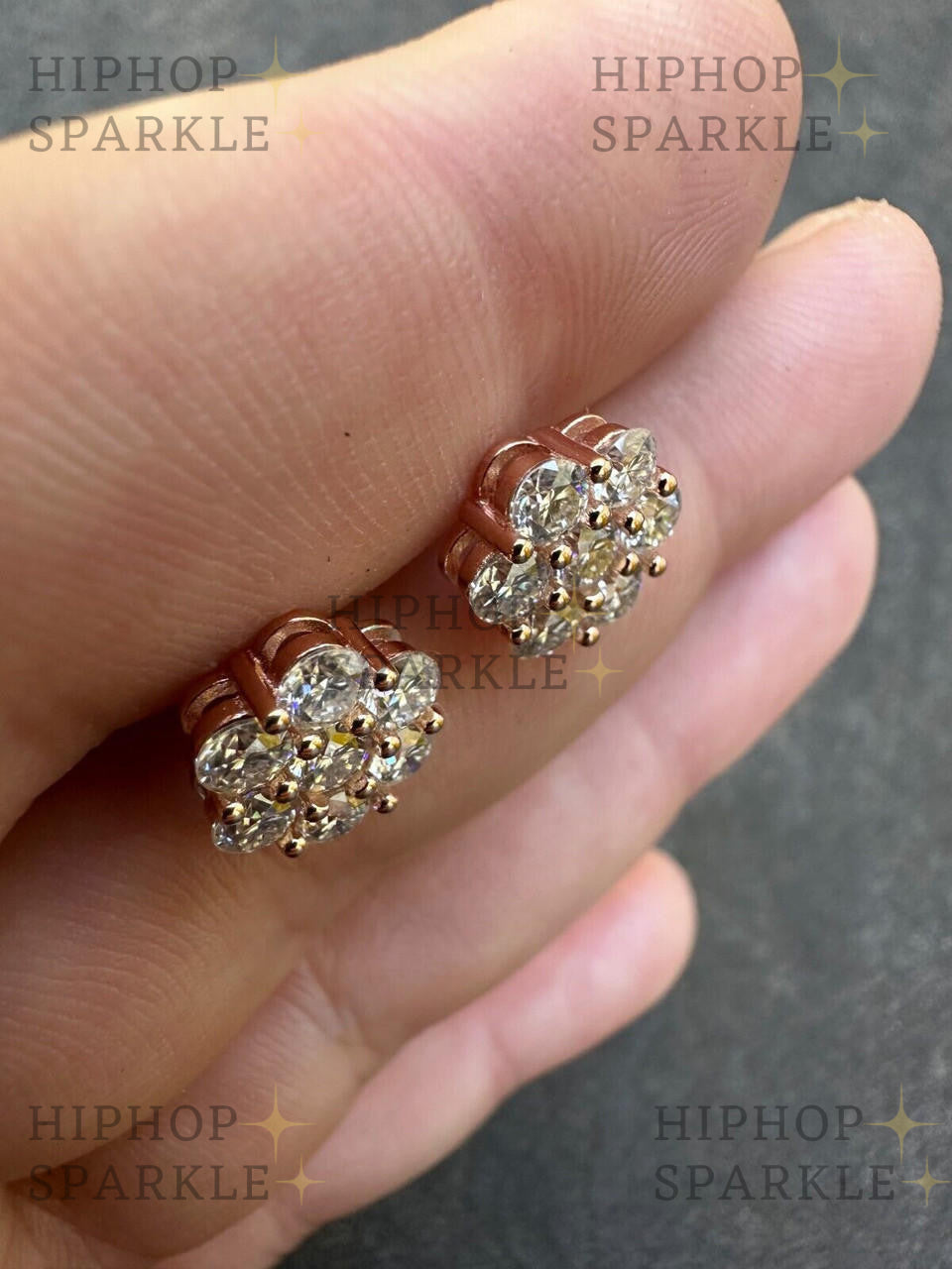 Moissanite Cluster Iced Out Honeycomb Earrings - 14k Rose Gold Vermeil & 925 Silver, 6mm-11mm