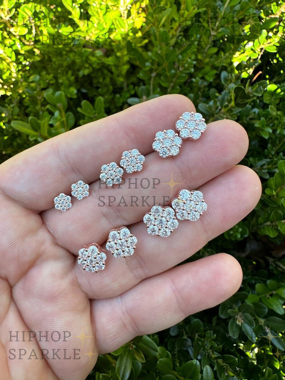 Moissanite Cluster Iced Out Honeycomb Earrings - 14k Rose Gold Vermeil & 925 Silver, 6mm-11mm