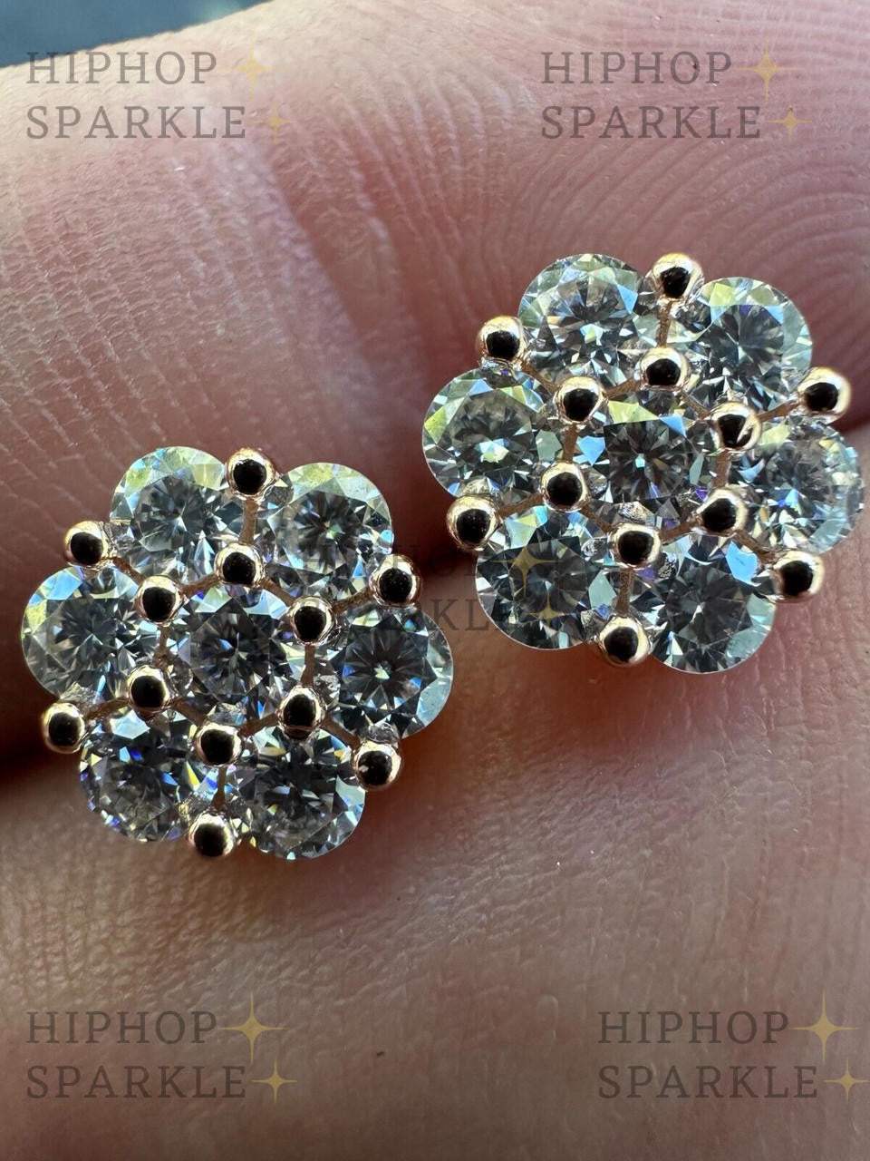 Moissanite Cluster Iced Out Honeycomb Earrings - 14k Rose Gold Vermeil & 925 Silver, 6mm-11mm