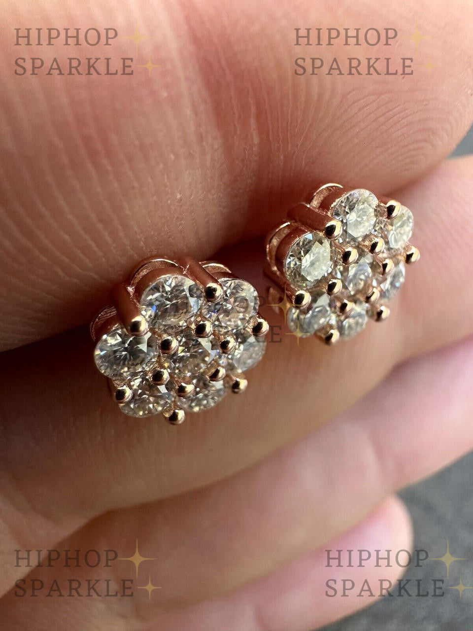 Moissanite Cluster Iced Out Honeycomb Earrings - 14k Rose Gold Vermeil & 925 Silver, 6mm-11mm