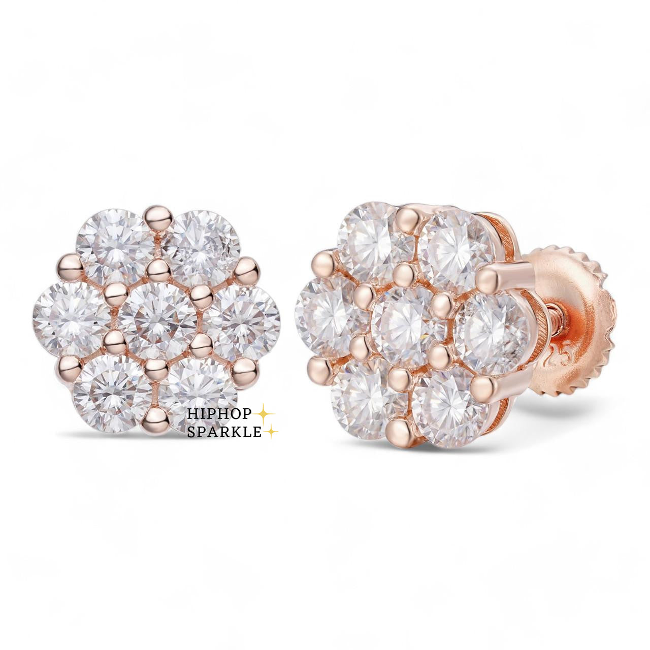 Moissanite Cluster Iced Out Honeycomb Earrings - 14k Rose Gold Vermeil & 925 Silver, 6mm-11mm