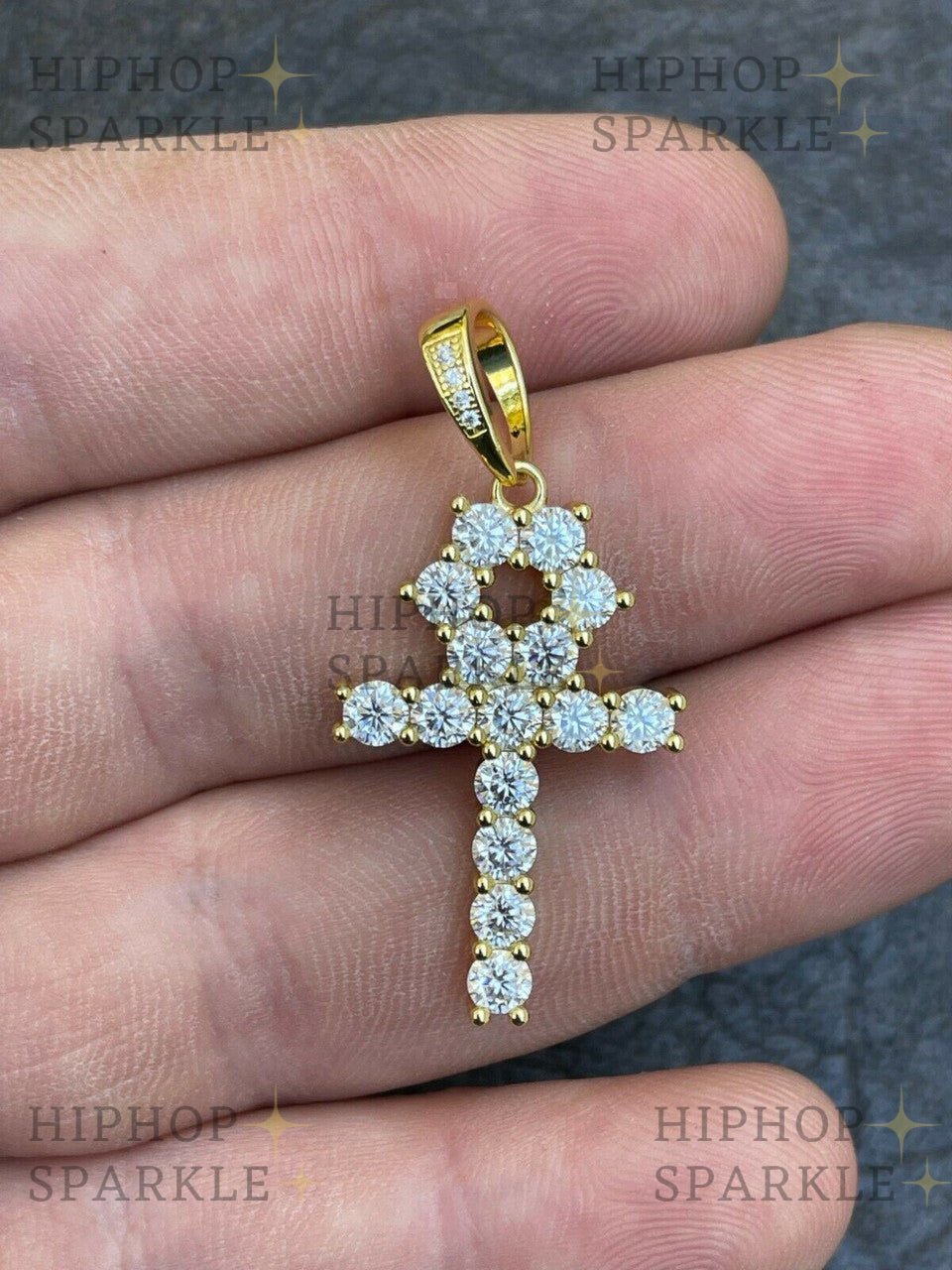 Moissanite Egyptian Ankh Tennis Cross - 14k Yellow Gold Vermeil or 925 Silver