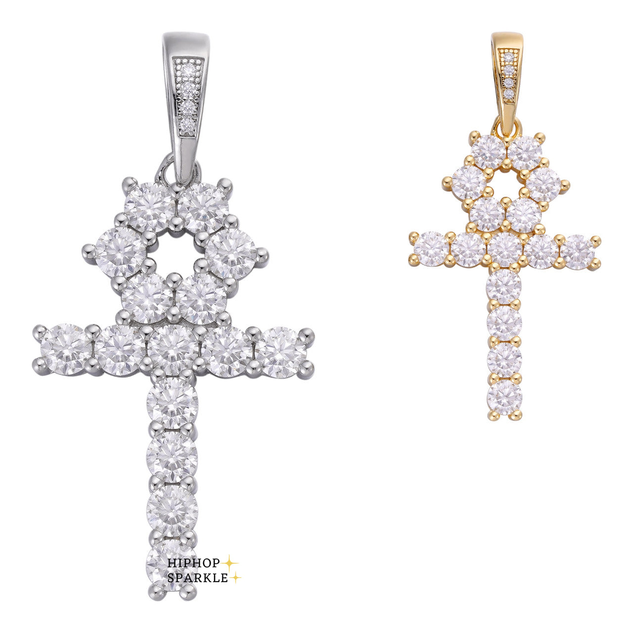 Moissanite Egyptian Ankh Tennis Cross - 14k Yellow Gold Vermeil or 925 Silver