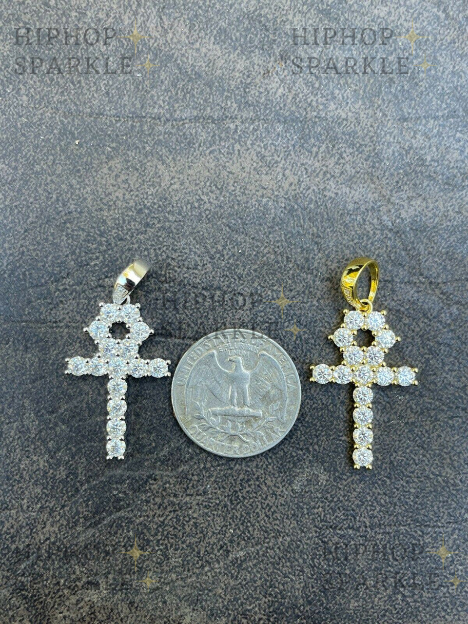 Moissanite Egyptian Ankh Tennis Cross - 14k Yellow Gold Vermeil or 925 Silver