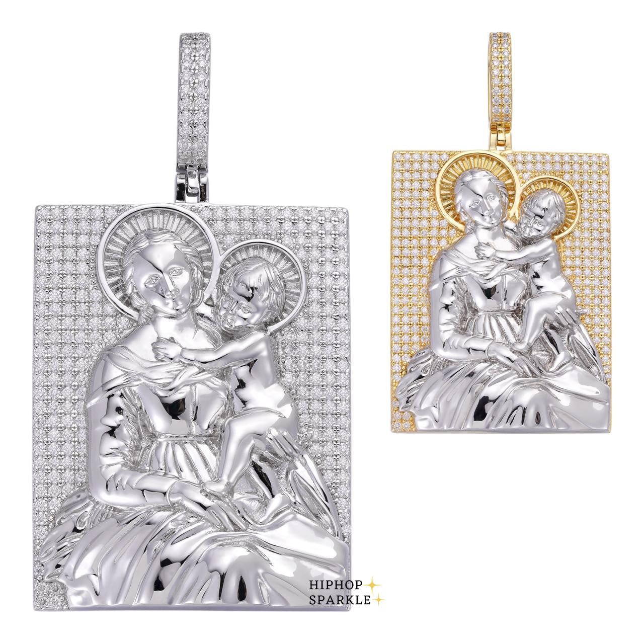 Moissanite Virgin Mary Pendant - 14k Yellow Gold Vermeil & 925 Silver