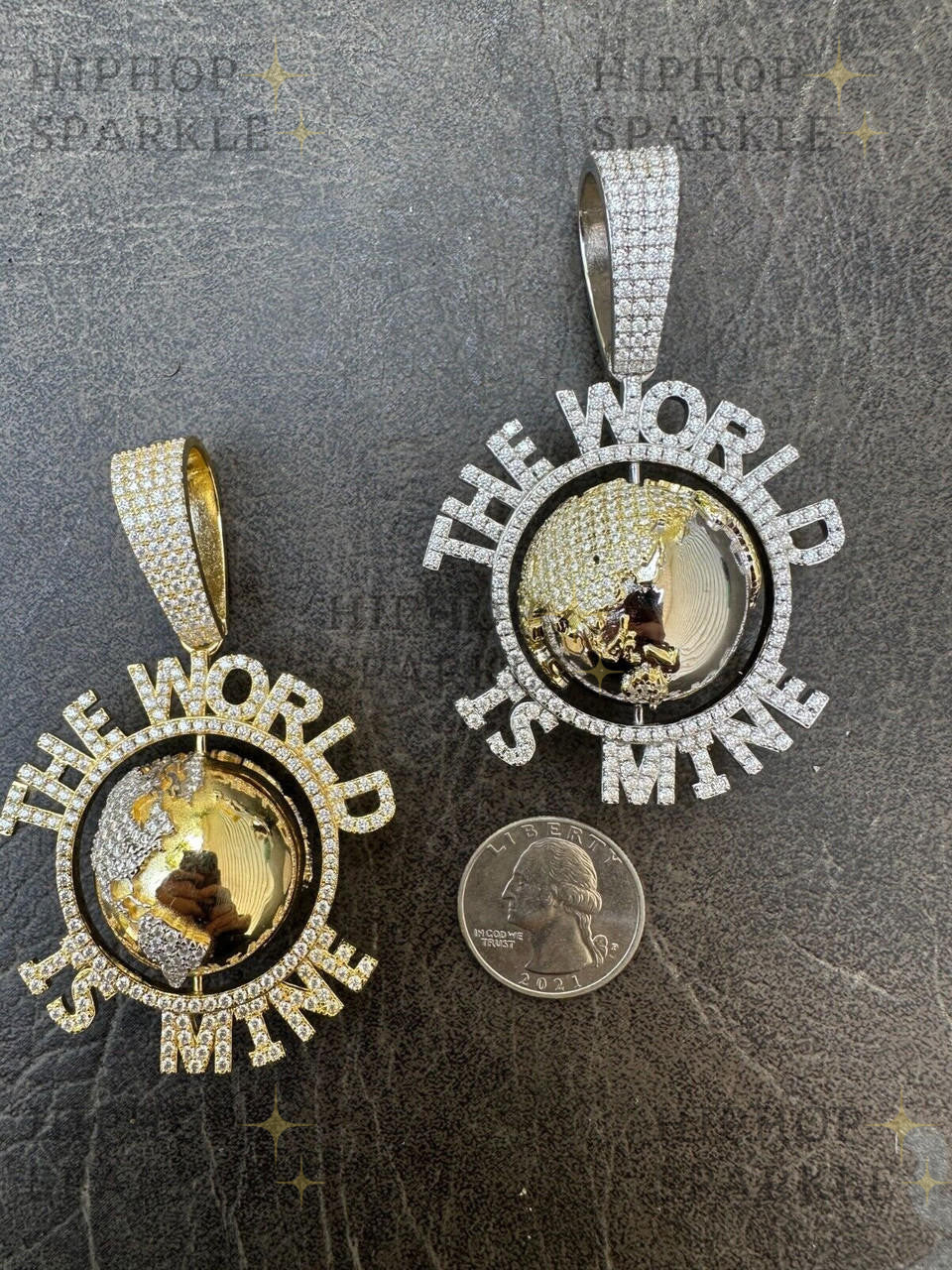 Moissanite World Is Mine Spinning Globe Hip Hop Pendant - 14k Yellow Gold Vermeil & 925 Silver