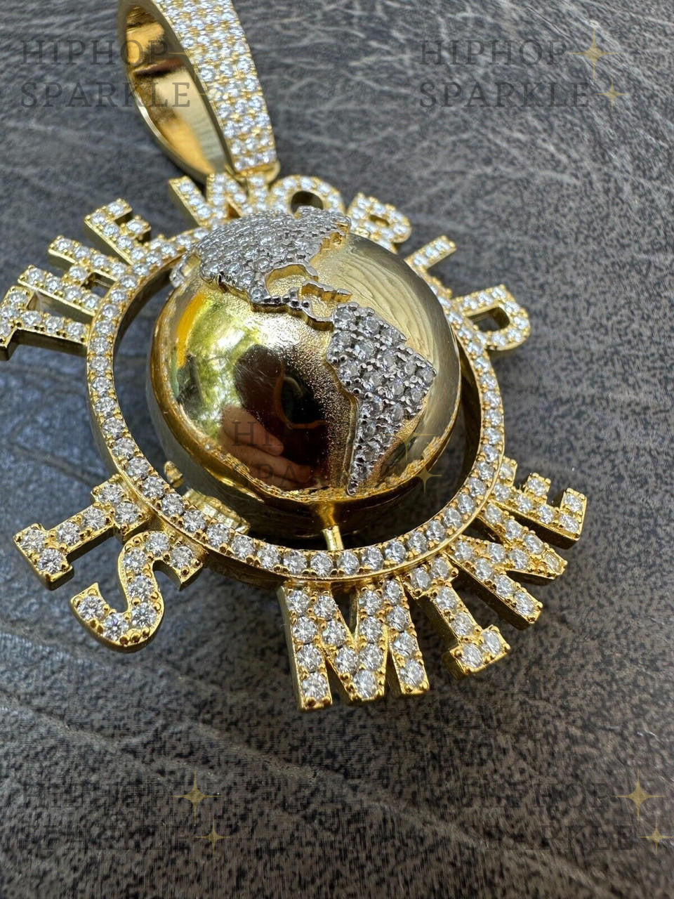 Moissanite World Is Mine Spinning Globe Hip Hop Pendant - 14k Yellow Gold Vermeil & 925 Silver