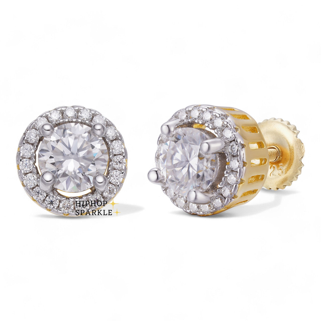 Moissanite Halo Stud Iced Out Earrings - 14k Gold Vermeil & 925 Silver, 8mm